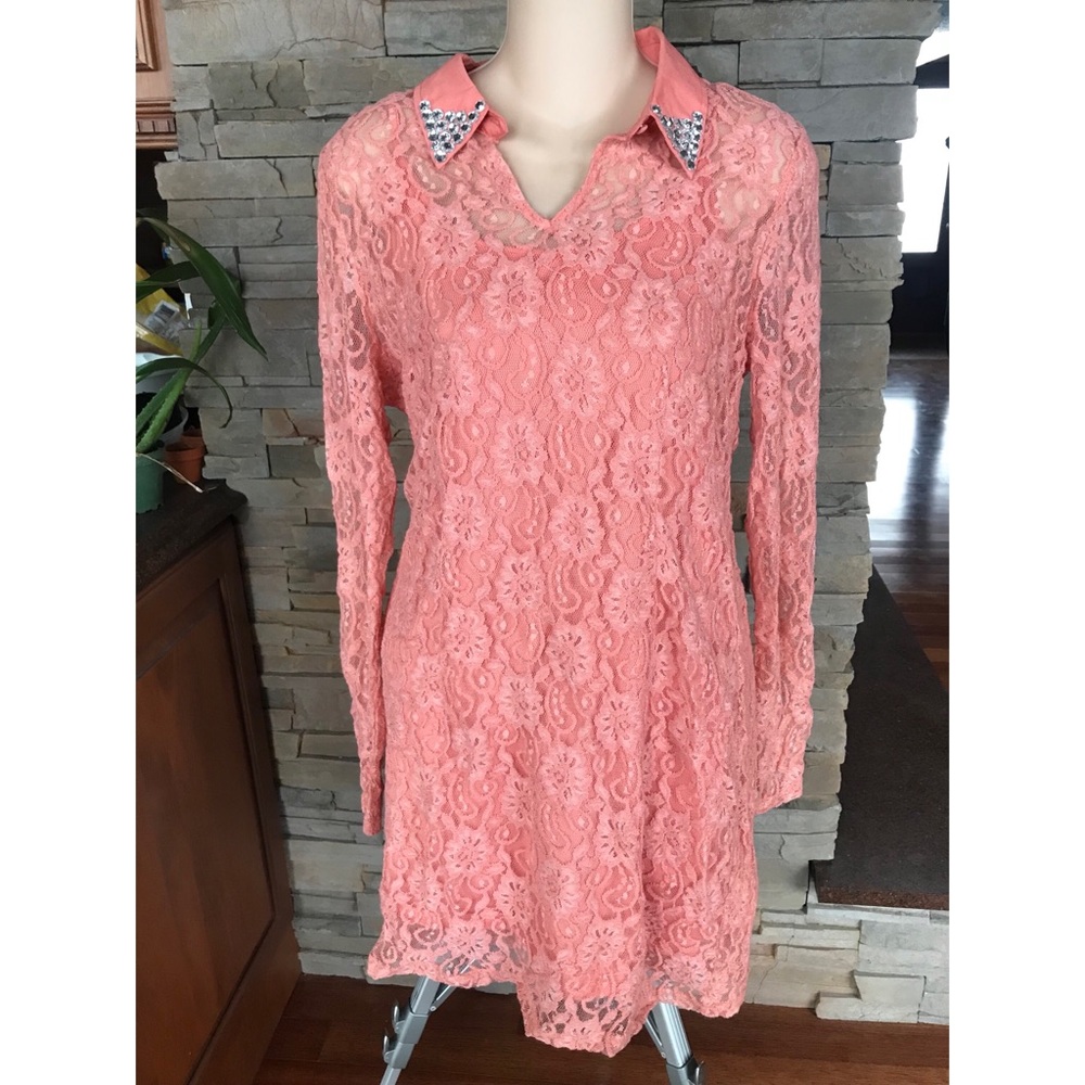 Coral lace collared dress